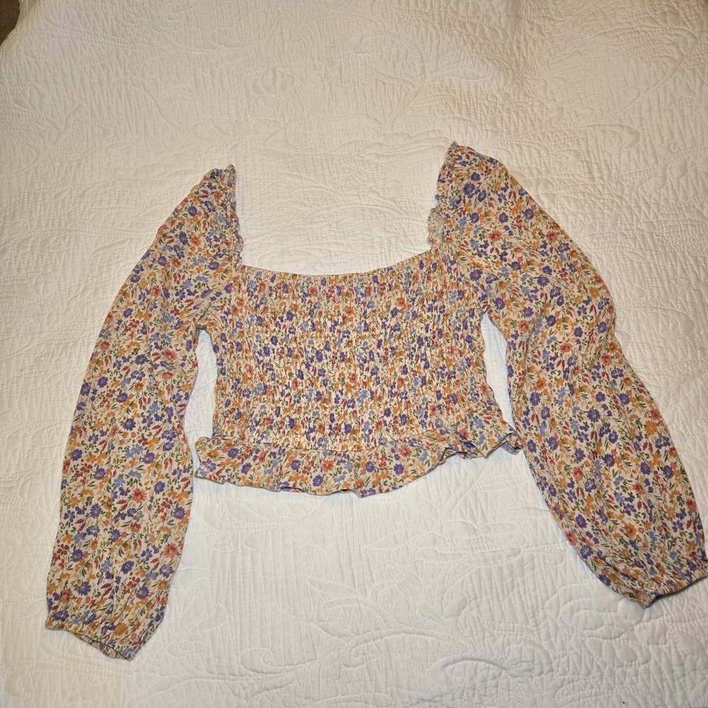 Bohme Smocked Crop Top Long Puff Sleeve Floral Pink Lavender Ivory Ruffle Large - Picture 7 of 14